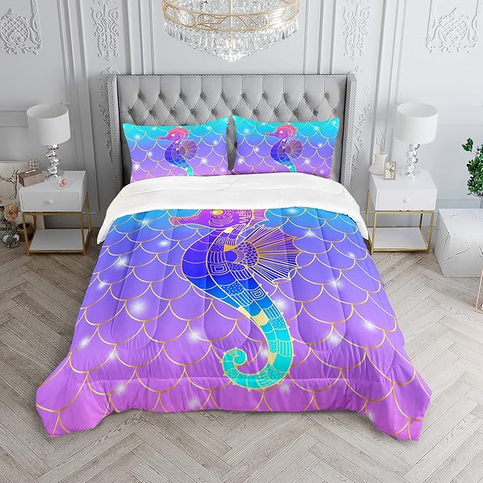 HOSIMA Mermaid Fish Scales Bedding Sets,Seahorse Printed Ocean Animal Rainbow Bedding Glitter Star Themed Full Comforter Set for Girls Kids Room Decor,Bed Set for Girls with 2 Pillowcases.