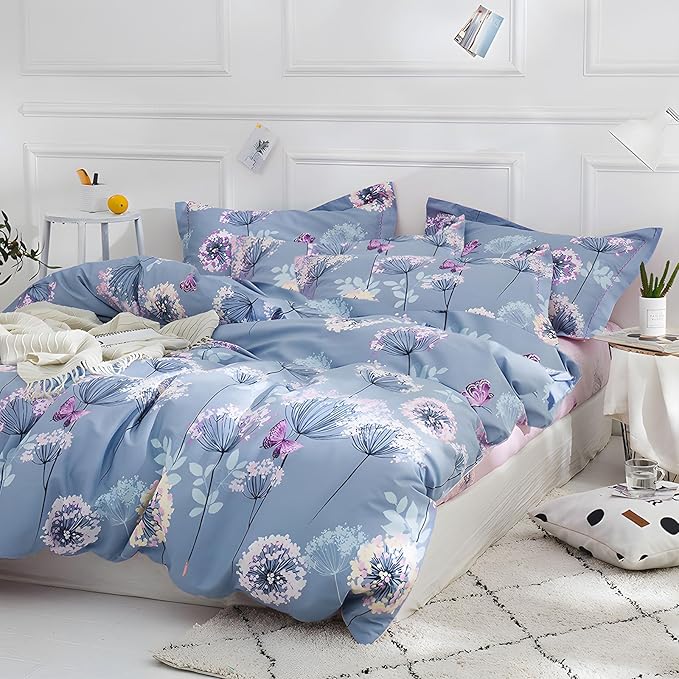 MKXI Purple Floral Comforter Set Dandelion Print Comforter Queen Set Cozy Patterned Comforter Reversible Flowers Bedding Set Queen Size