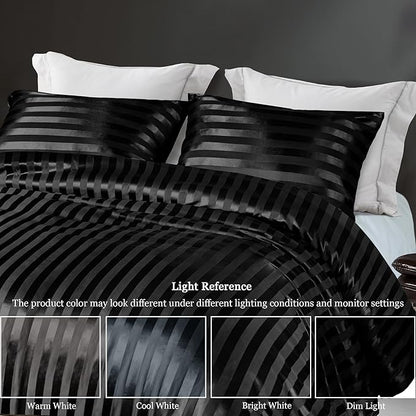 Whale Flotilla 2-Piece Reversible Silky Soft Twin Size Comforter Set, Luxury Stripe Satin Comforter Bedding Set with Satin Pillowcase, Lightweight Duvet for All Seasons, Black