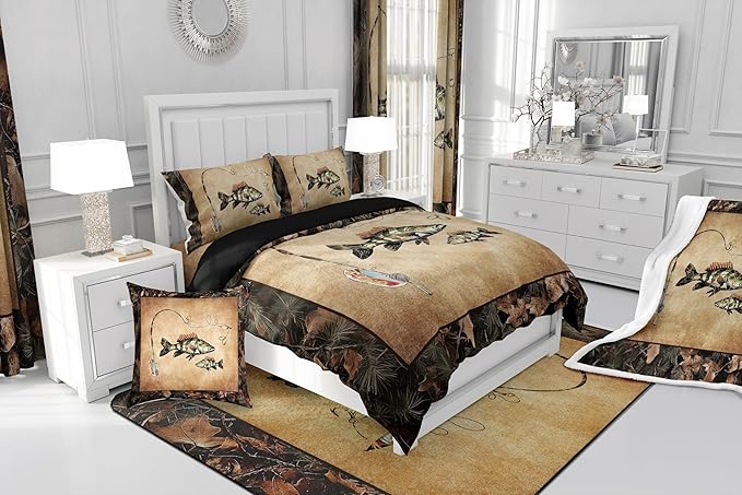 Erosebridal Rustic Bass Fish Comforter Set Toddler Country Camo Fishing Bedding Set Woodland Camouflage Lake Fish Fisherman Quilt Comforter for Kids Boys Teen Men Retro Farmhouse Cabin Bed Set 2 Pcs