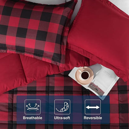 downluxe Lightweight Plaid Comforter Set (Twin) with 1 Pillow Sham - 2-Piece Set - Red/Black Plaid - Down Alternative Reversible Comforter
