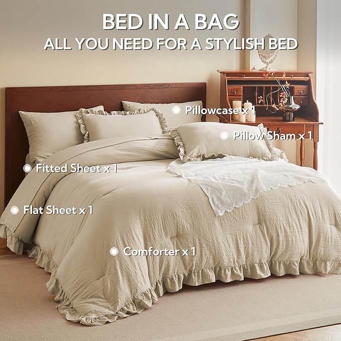 MR&HM Linen Comforter Set Twin for Girls Women 5 Pieces, Shabby Chic Vintage Cottagecore Bed Sets Solid Elegance Boho Bed in a Bag, Ultra-Soft & Fluffy Comforter for All Season