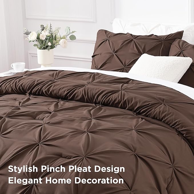 Andency Brown Pinch Pleat Comforter Twin(66x90Inch), 2 Pieces(1 Down Alternative Comforter and 1 Pillowcase) Bed Set Microfiber Pintuck Bedding Set