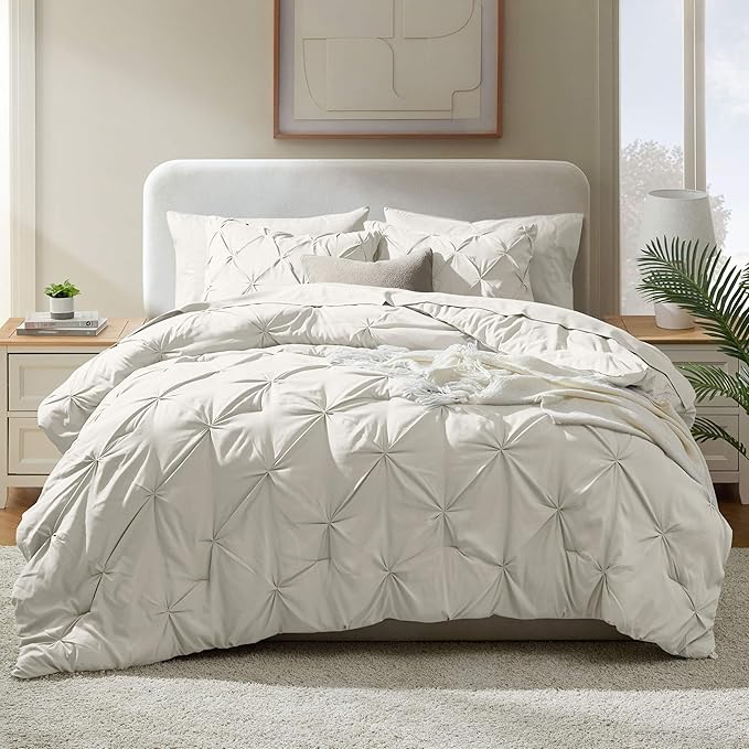 Nestl California King Comforter Set 7 Piece - Pintuck Cal King Comforter Set Off White, California King Bed in a Bag, All Season Bed Set with Flat Sheet and Fitted Sheet, Pillowcases and Shams