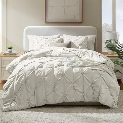 Nestl King Size Comforter Set - 7 Piece Pinch Pleated Bed in a Bag, Off White, All Season Bedding With Flat Sheet, Fitted Sheet, Pillowcases and Shams