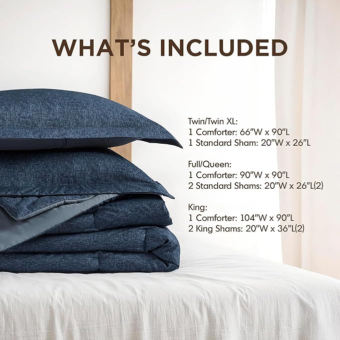 Twin/Twin XL Size Comforter Set, Lightweight Navy Soft Bedding for All Seasons, 2 Pieces Chambray Print Solid Farmhouse Bed Set, Comforter & Shams