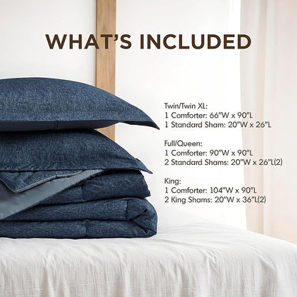 Full/Queen Size Comforter Set, Lightweight Navy Soft Bedding for All Seasons, 3 Pieces Chambray Print Solid Farmhouse Bed Set, Comforter & Shams