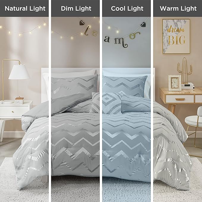 Codi Silver and Grey Bedroom Set, Gray Girls Bedding Comforter Sets Queen and Full Size, 4 Pieces for Women - All Seasons Warm