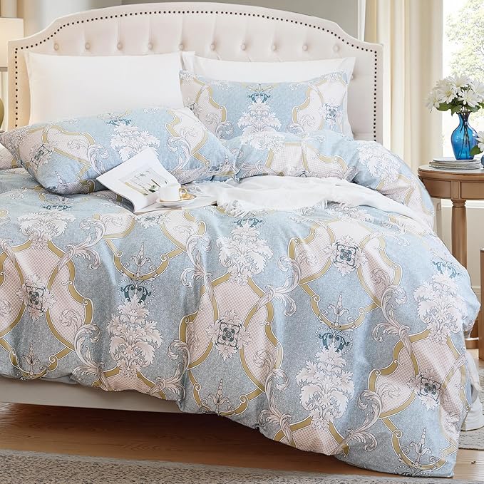 100% Natural Cotton Comforter Set King 3 Pcs Grayish Blue Bedding Sets with Luxurious Damask Pattern, Reversible Breathable Soft Comforter Sets for All Season