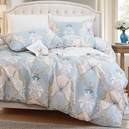 100% Natural Cotton Comforter Set King 3 Pcs Grayish Blue Bedding Sets with Luxurious Damask Pattern, Reversible Breathable Soft Comforter Sets for All Season