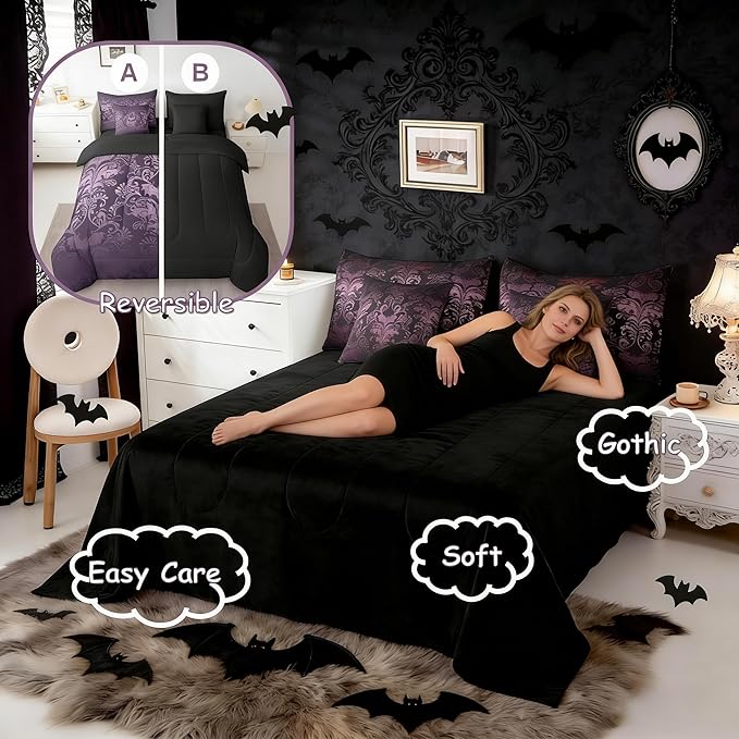 Erosebridal Gothic Damask Bed in a Bag Queen Comforter Set 7 Piece,Halloween Bat Bedding Sets Purple Victorian Floral Goth Sheet Set with Comforter