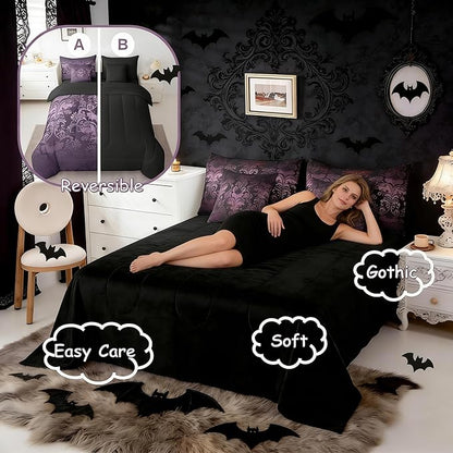 Erosebridal Gothic Damask Bed in a Bag Queen Comforter Set 7 Piece,Halloween Bat Bedding Sets Purple Victorian Floral Goth Sheet Set with Comforter
