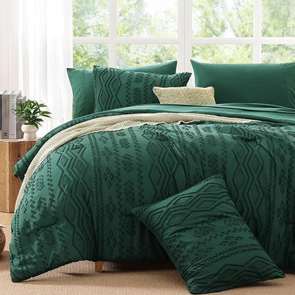 Queen Comforter Set Emerald Green, Tufted Boho Bedding Farmhouse Dark Green Bed Set, All Season 7 Pieces Bed in a Bag with Sheets, Pillowcases & Shams