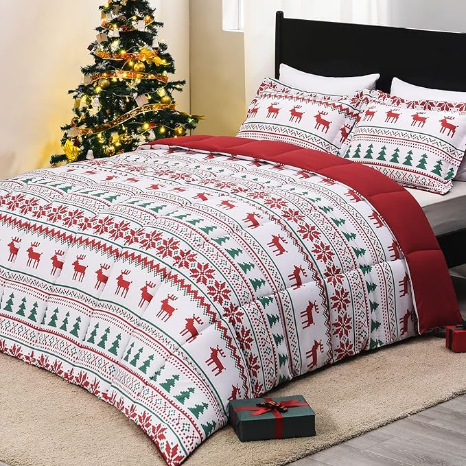 downluxe Christmas Comforter Set Queen with 2 Pillow Shams - Christmas Decoration Comforter Set with Reindeer and Snowflake Patterns - Bed Comforter Queen Set(3-Piece Set)
