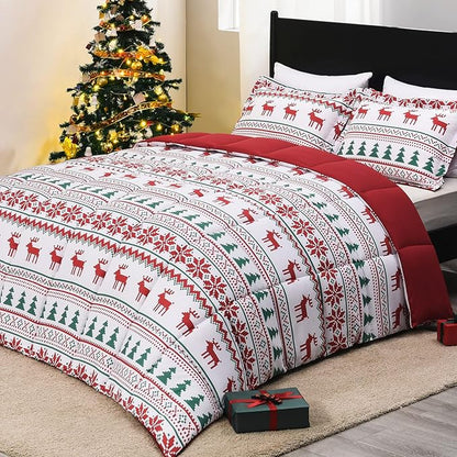 downluxe Christmas Comforter Set Queen with 2 Pillow Shams - Christmas Decoration Comforter Set with Reindeer and Snowflake Patterns - Bed Comforter Queen Set(3-Piece Set)
