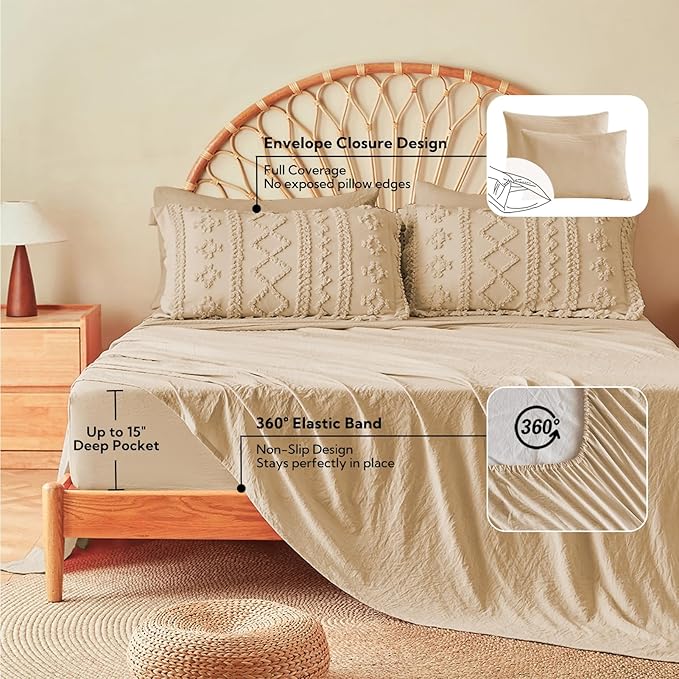 MR&HM Boho Comforter Set Full, Khaki 7 Pieces Bedding Set, Farmhouse Shabby Chic Bed in a Bag with 1 Comforter, 2 Pillow Shams, 2 Pillowcases, 1 Flat Sheet, 1 Fitted Sheet for All Seasons