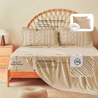 MR&HM Khaki Boho Comforter Set Queen, Tufted Boho Bedding Set, Farmhouse Shabby Chic Bed in a Bag with 1 Comforter, 2 Pillow Shams, 2 Pillowcases, 1 Flat Sheet, 1 Fitted Sheet for All Seasons