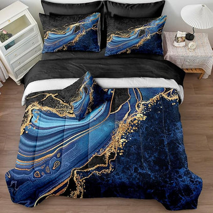 Blue and Gold Comforter Blue Marble Bedding Set 8 Pieces Full Bed in a Bag with 1 Black Gold Comforter, 1Flat Sheet, 1 Fitted Sheet, 4 Pillowcases, 1 Marble Cushion Cover
