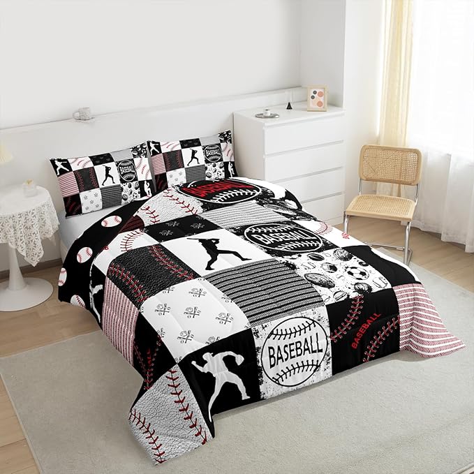 Erosebridal Twin Kids Baseball Comforter Set Softball Bedding Set Sports Game Quilted Comforter for Kids Patchwork Down Comforter Baseball Gift Duvet Insert 2pcs, Red Black Gray,Twin