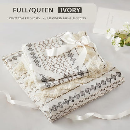 INK+IVY Imani 100% Cotton Duvet Mid Century Modern Design, All Season Comforter Cover Bedding Set, Matching Shams, Full/Queen, Ivory Chenille Tufted Accent 3 Piece