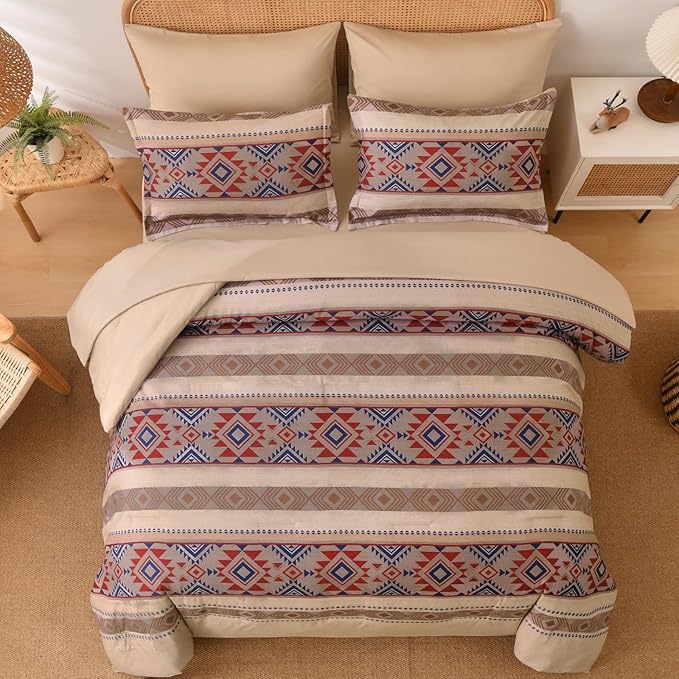Anibedding King Size Comforter Set 7 Pieces Light Khaki Brown Farmhouse Bedding Comforter Set, Boho Aztec Bed in a Bag Soft Microfiber Bed Set with Sheets, Pillowcases & Shams