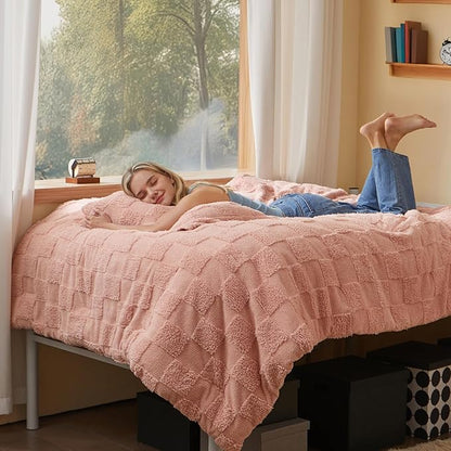 Joiedomi Tufted Twin Comforter Set, 2 Pieces Coral Pink Boho Twin Bedding Set with 1 Plaid Geometric Comforter and 1 Pillow Sham, Checkered Bed in a Bag for All Seasons