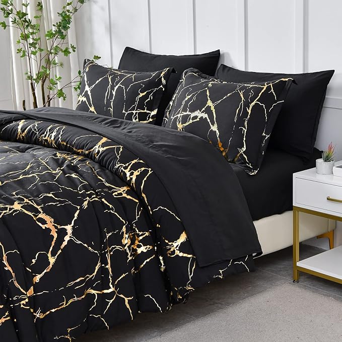Yogeneg Gold Metallic Marble Comforter Set Queen Size,7 Piece Bed in a Bag,Foil Print Glitter Black Comforter and Sheet Set,All Season Soft Microfiber Complete Bedding Sets(Black,Queen)