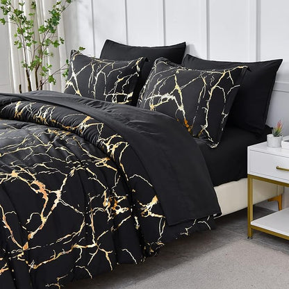 Yogeneg Gold Metallic Marble Comforter Set Queen Size,7 Piece Bed in a Bag,Foil Print Glitter Black Comforter and Sheet Set,All Season Soft Microfiber Complete Bedding Sets(Black,Queen)