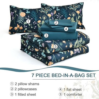 Yiran Comforter Set Queen Size, 7 Piece Peacock Blue Floral Comforters Lightweight Bedding Set Bed in a Bag Soft Microfiber Complete Botanical Beds Sets with Sheets for All Season Winter Spring