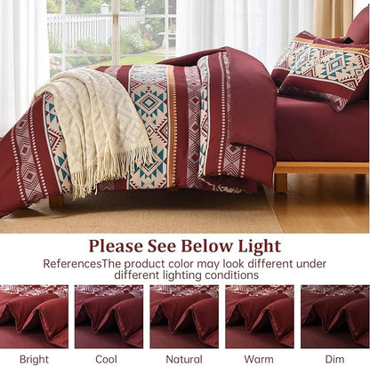 Anibedding Red Comforter Set Queen 7 Pieces Boho Bed in a Bag, Burgundy Aztec Striped Comforter Set with Sheets, Soft Microfiber Reversible Western Bedding Set for All Season