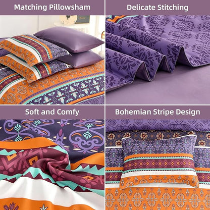 WONGS BEDDING Boho Comforter Set Queen Size,7 Pieces Bohemian Comforter Bedding Set Bed in a Bag,Purple Paisley Floral Comfortet and Sheet Set,Soft Microfiber Striped Bedding Sets for All Season