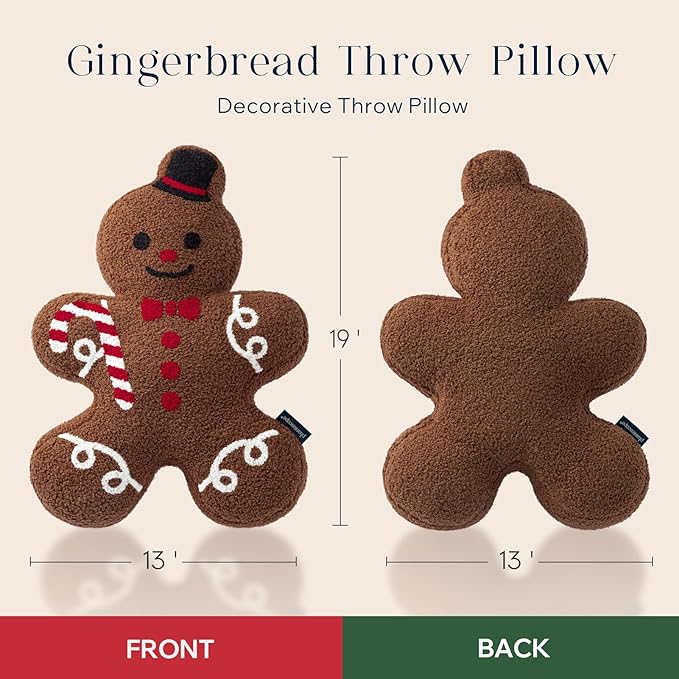 Phantoscope Gingerbread Series Merry Christmas Throw Pillow, Plush Teddy Sherpa Mr. Gingerbread Xmas Shaped Christmas Decorative Pillow with Hat & Cane for Couch Living, Bedroom, Coffee, 13x19 inches