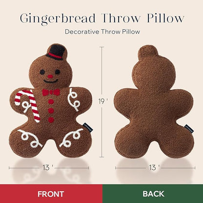 Phantoscope Gingerbread Series Merry Christmas Throw Pillow, Plush Teddy Sherpa Mr. Gingerbread Xmas Shaped Christmas Decorative Pillow with Hat & Cane for Couch Living, Bedroom, Coffee, 13x19 inches