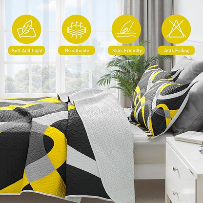 weesire Black and Yellow Bedding Quilt King Size with 2 Shams, Modern Stripe Comforter Sets Classic Line Pattern Bedspreads Grey and Yellow Coverlet, 96''x106''