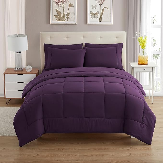 Sweet Home Collection 7 Piece Comforter Set Bag Solid Color All Season Soft Down Alternative Blanket & Luxurious Microfiber Bed Sheets, Purple, Twin