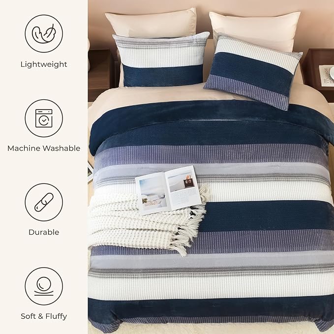 Litanika Fluffy Fleece King Size Comforter Set, Luxury Soft Plush Fuzzy Mineral Blue Stripe Bedding Comforter Sets, Warm Shaggy Faux Fur Bed Set All Season (1 Comforter, 2 Pillowcases)