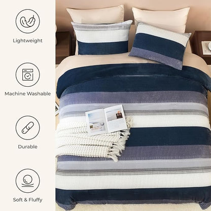 Litanika Fluffy Fleece King Size Comforter Set, Luxury Soft Plush Fuzzy Mineral Blue Stripe Bedding Comforter Sets, Warm Shaggy Faux Fur Bed Set All Season (1 Comforter, 2 Pillowcases)