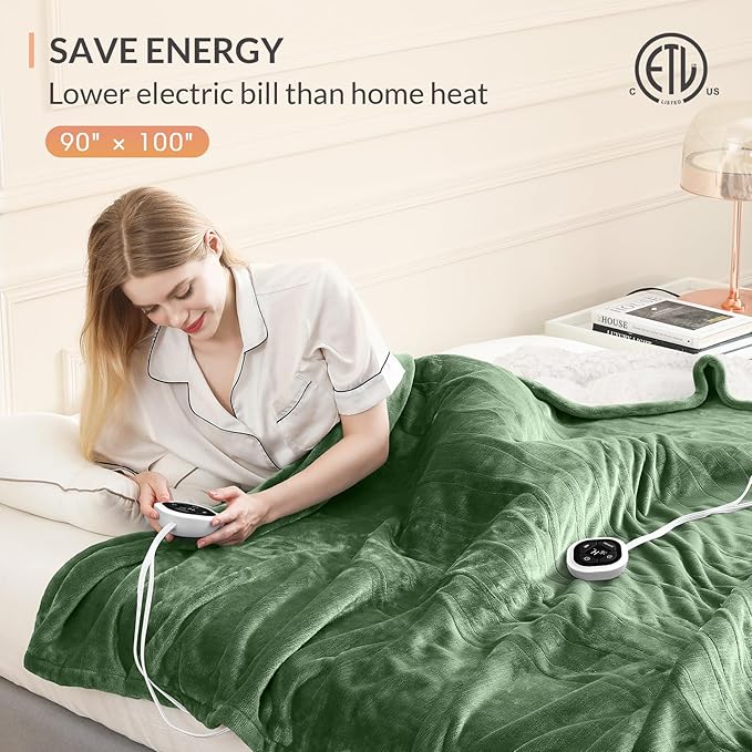 HOMLYNS LuxeHeat Heated Blanket Electric Blanket King Size, Soft Flannel Sherpa Heating Blanket with 10 Heat Settings, 1-10 hrs Timer Auto Shut Off (90x100 inches, Green)