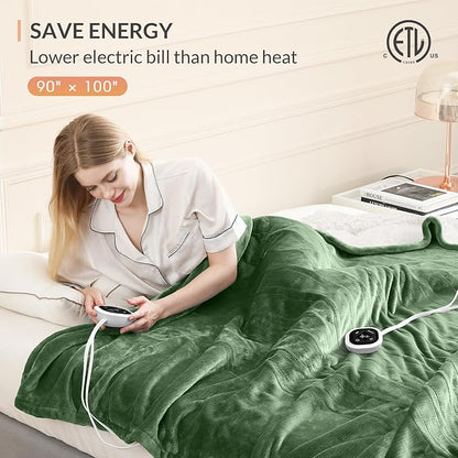 HOMLYNS LuxeHeat Heated Blanket Electric Blanket King Size, Soft Flannel Sherpa Heating Blanket with 10 Heat Settings, 1-10 hrs Timer Auto Shut Off (90x100 inches, Green)