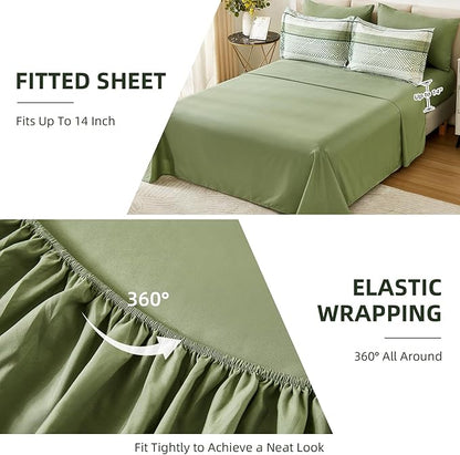 Drucon Christmas Olive Green Striped Comforter Set Queen Size 7 Pieces Reversible Bedding Set, Boho Bed in a Bag, Soft Microfiber Comforter and Sheet Set for All Season