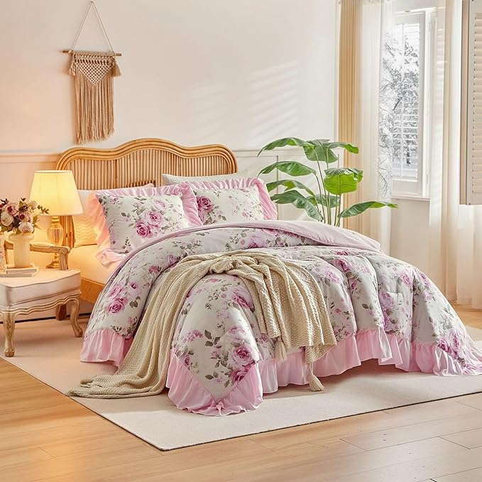 Flower Comforter Set Queen Size 90 * 90in - White Pink Floral Style -3 Pieces Shabby Chic Farmhouse Bedding Set with Ruffled Fringe Rustic Lightweight Botantical Ruffle Comforter with Shams