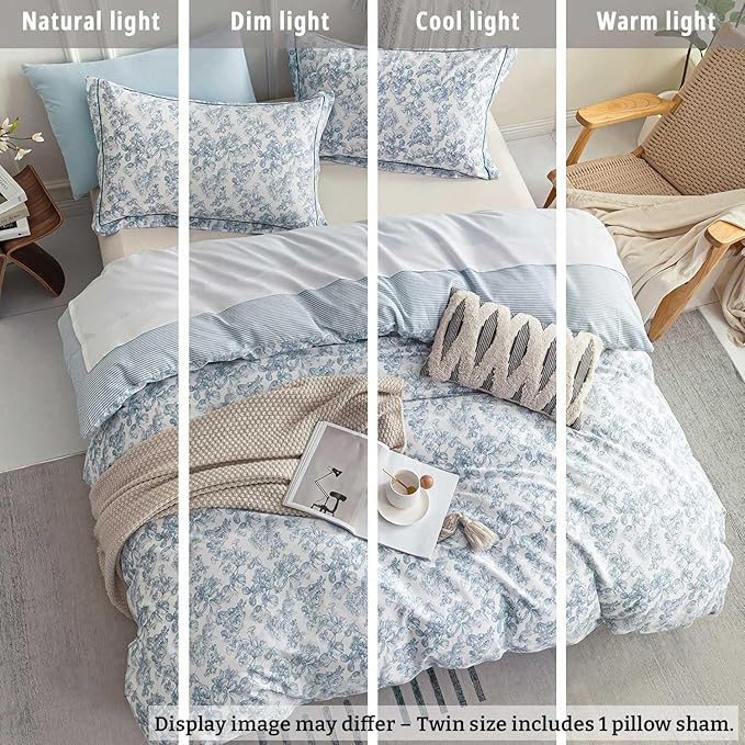 Vintage Cotton Comforter Twin Size 2Pcs - Elegant Pale Slate Blue Floral Pattern on White with Light Blue & White Striped Reverse, Luxurious Lightweight Bedding Sets with Soft Fill(68"×90")