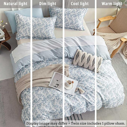 Vintage Cotton Comforter Twin Size 2Pcs - Elegant Pale Slate Blue Floral Pattern on White with Light Blue & White Striped Reverse, Luxurious Lightweight Bedding Sets with Soft Fill(68"×90")