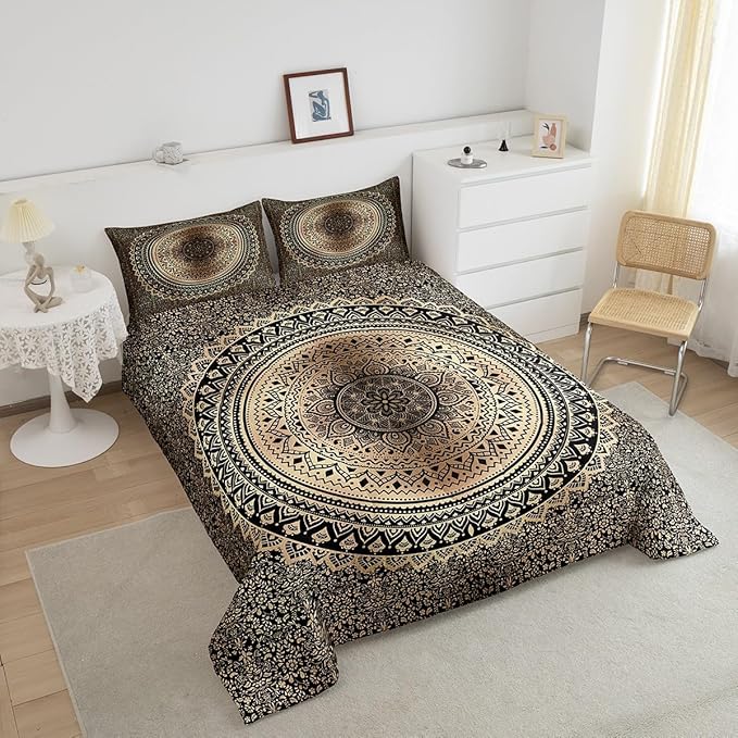 Castle Fairy Mandala Boho Comforter Set for Boys Girls Kids Teens,3-Pieces Brown Black Bohemian Bedding Comforter Full Size,Psychedelic Printed Quilt Set with 2 Pillowcases