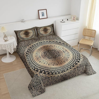 Castle Fairy Mandala Boho Comforter Set for Boys Girls Kids Teens,3-Pieces Brown Black Bohemian Bedding Comforter Full Size,Psychedelic Printed Quilt Set with 2 Pillowcases