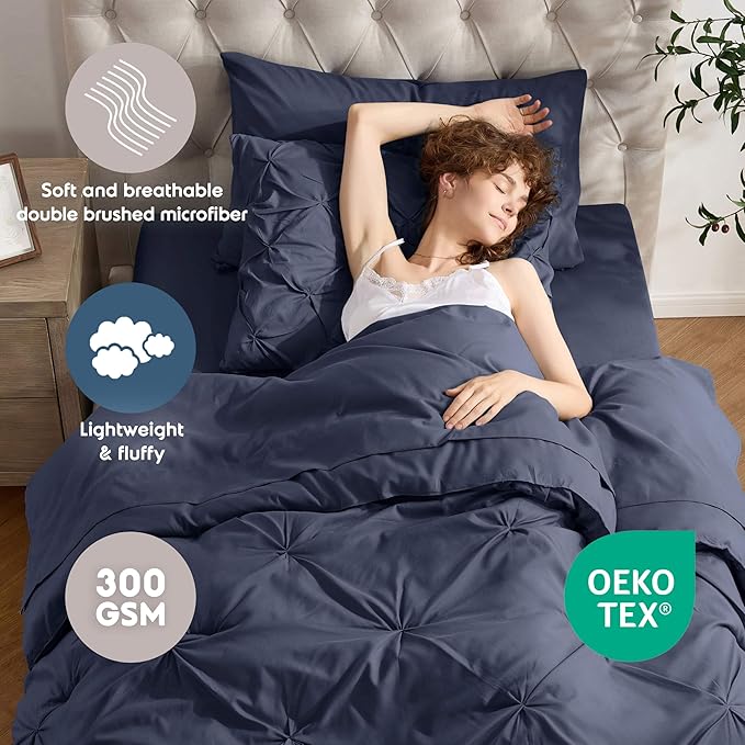 Nestl Twin XL Comforter Set 5 Piece - Pintuck Twin XL Bedding Set Navy, College Dorm Room Essentials Bed in a Bag, Twin XL Comforter Set for College Girls and Boys with Sheets, Pillowcase and Sham