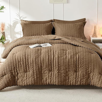 HYMOKEGE Brown Full Size Comforter Sets Seersucker 7 Pieces, All Season Luxury Bed in a Bag for Bedroom, Bedding Set with Comforter, Sheets, Pillowcases & Shams