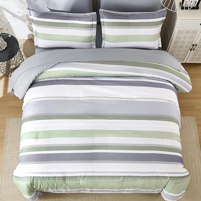 WONGS BEDDING Sage Green Comforter Queen Size Set, 7 Pieces Bed in a Bag Sage Green and Grey Comforter Set, Soft Boho Striped Bedding Sets with Sheets, Pillowcases & Shams