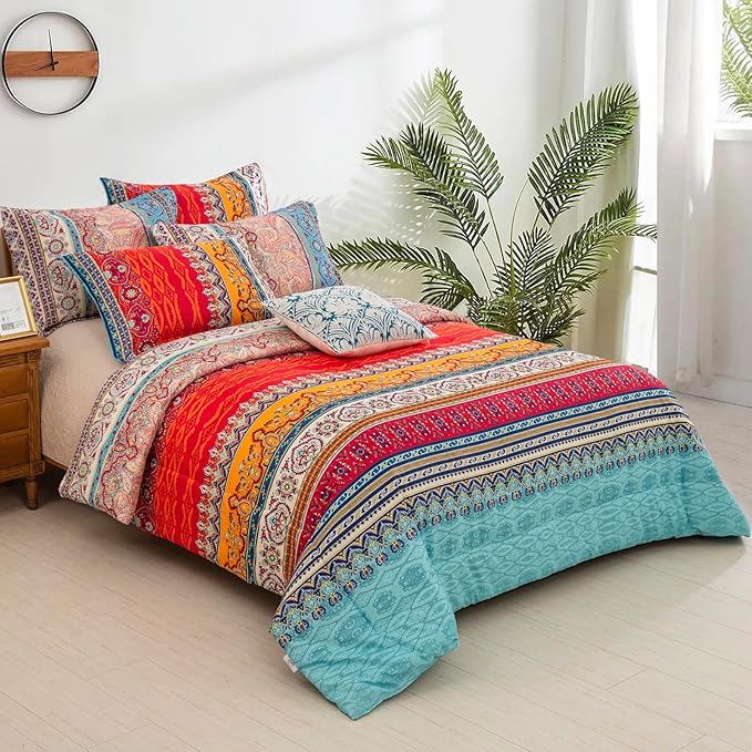 Goodidea Striped Bohemian Comforter Set King Size 3 Pieces Boho Hippie Geometric Bedding Set Soft Breathable Reversible Microfiber Boho Comforter with 2 Pillowcases(20"x36")