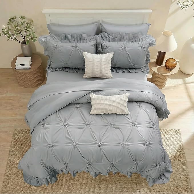 Bedbay Grey Ruffle Comforter Set Queen Size 9 Pcs,Boho Queen Comforter Set with Sheets,Pinch Pleat Bedding Set,Farmhouse Comforter Bed Set,Microfiber Exquisite Ruffle Duvet Set